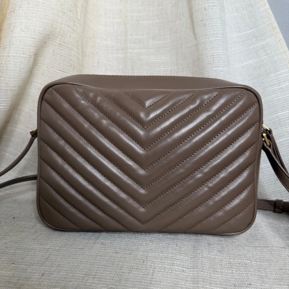 YSL Saint Laurent Lou Camera Bag Matelasse Chevron Calfskin Leather Taupe READ